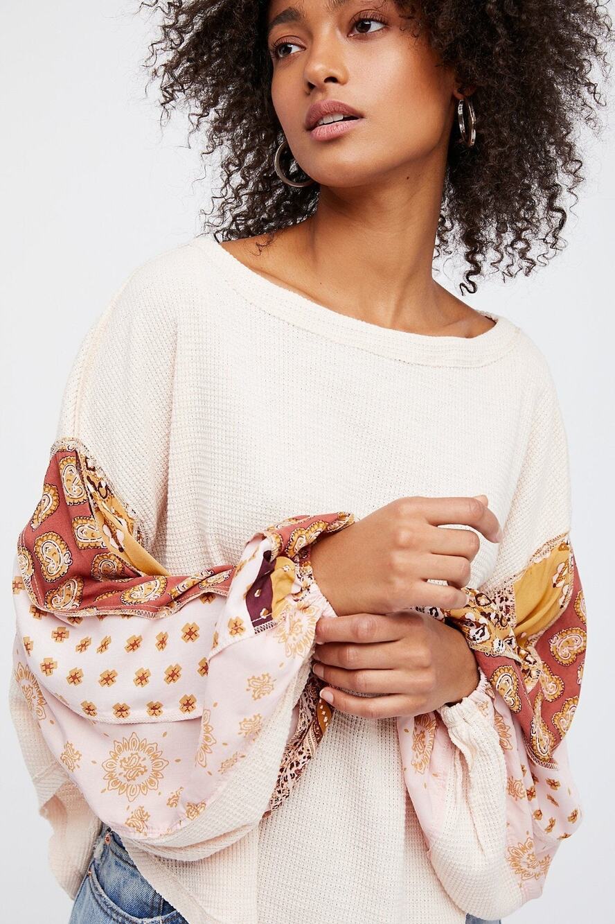 Free People We The Free Blossom Thermal Top XS Balloon Sleeves Floral Pink Boho